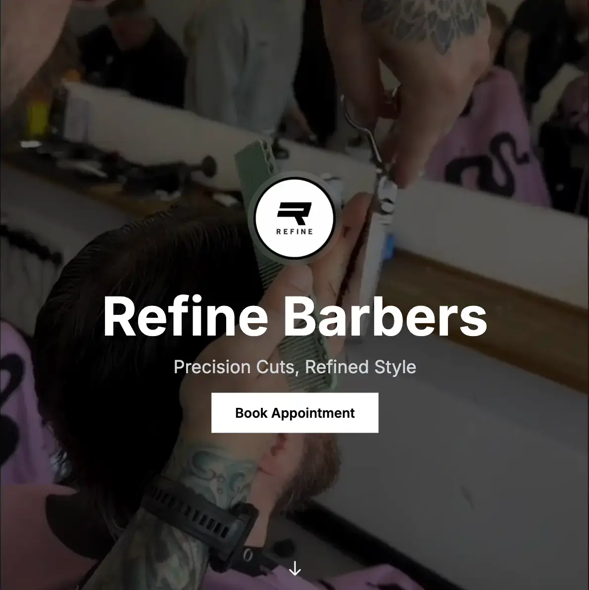 Refine Barbers website displayed on a mobile phone